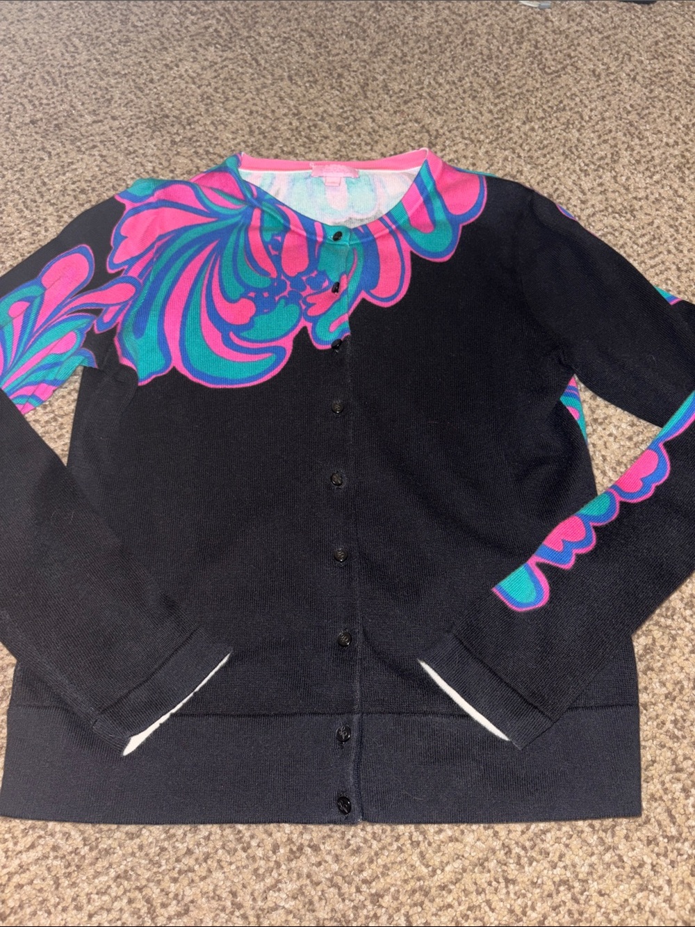 Lilly Pulitzer Black Cardigan with Pink & Teal Swirl Detailing